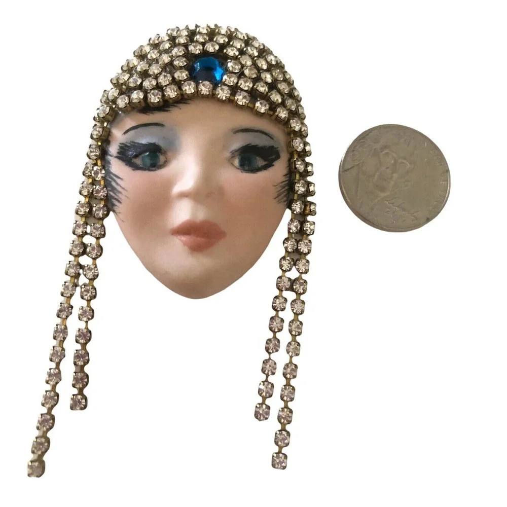 VINTAGE Art Deco Porcelain Face Brooch Pin Rhinestone Flapper Headdress